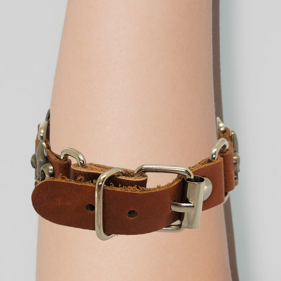 Unisex Tan Leather Link Fleur De Lis SilverTone Buckle Bracelet Adjustable Size - Picture 3 of 7
